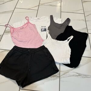 Brandy Melville Pink, White, Gray & Black Tank Tops + Black Shorts